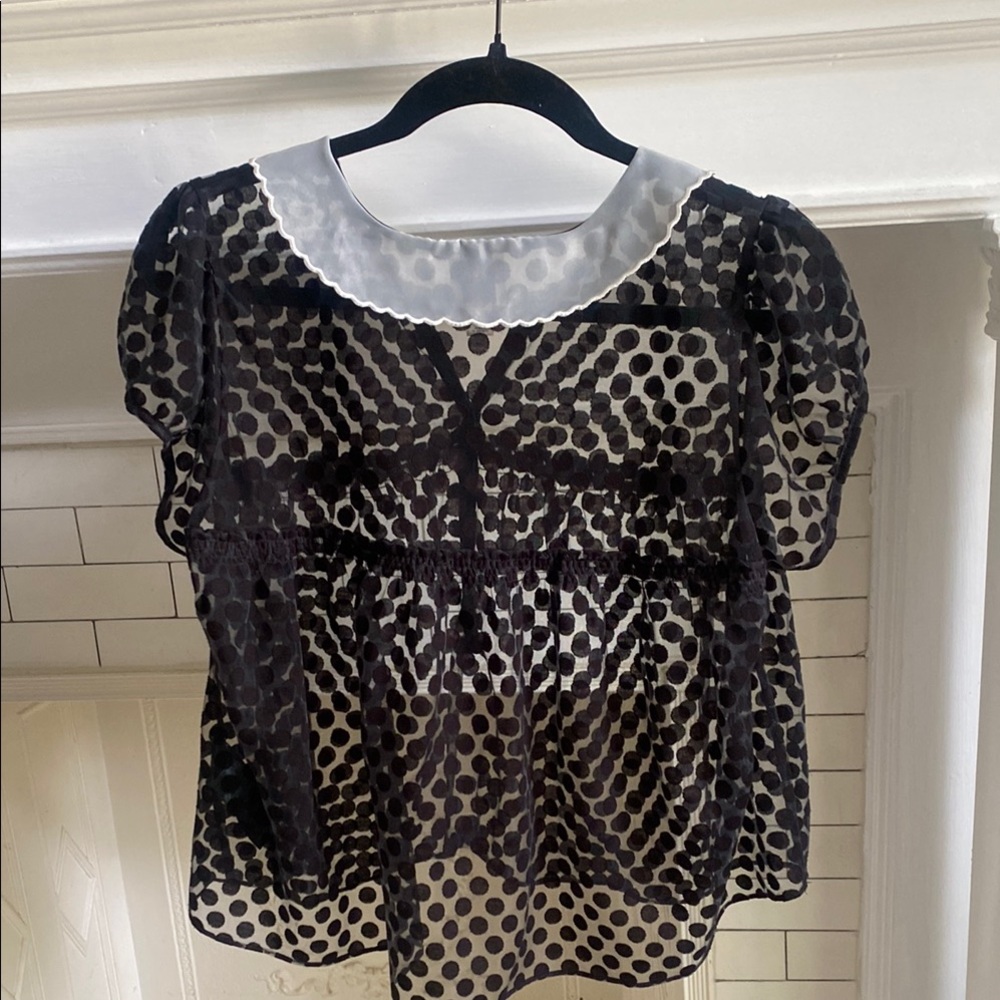 Sheer Black Polka Dot Top with White Collar - Picture 3 of 4